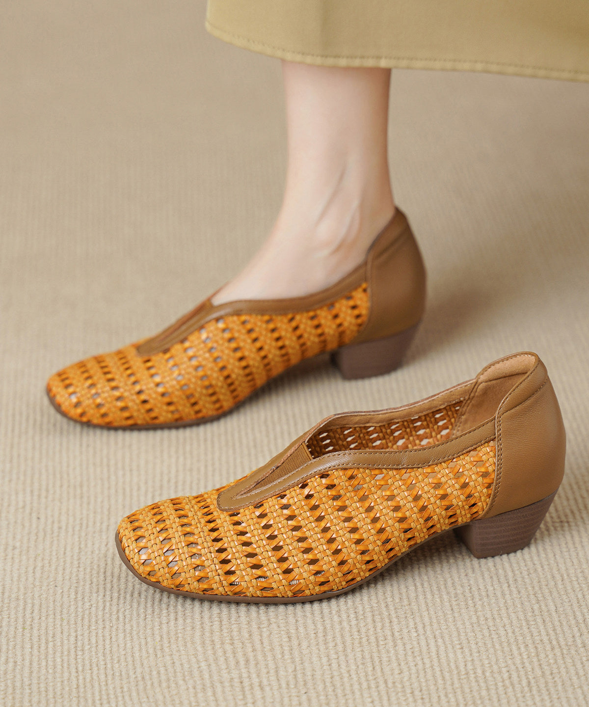 Hollow Out Chunky Sandals Brown Sheepskin