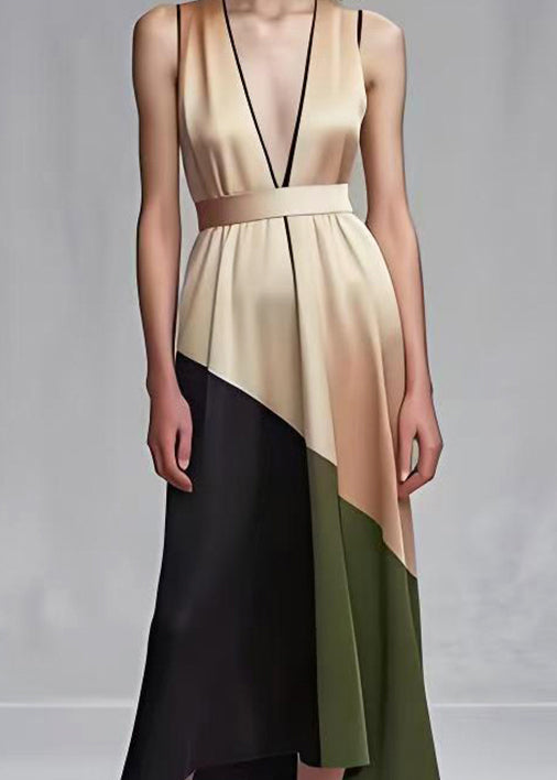 Khaki Cinched Patchwork Silk Robe Dresses Summer