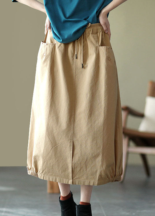 Khaki Elastic Waist Pockets Open Fall Skirts