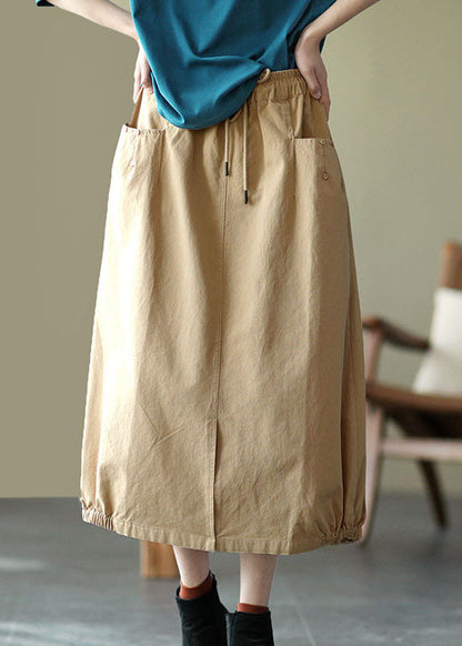 Khaki Elastic Waist Pockets Open Fall Skirts