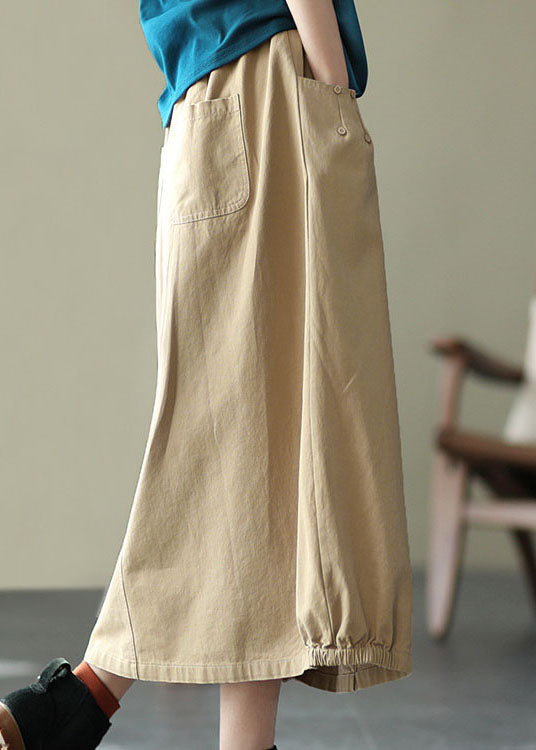 Khaki Elastic Waist Pockets Open Fall Skirts
