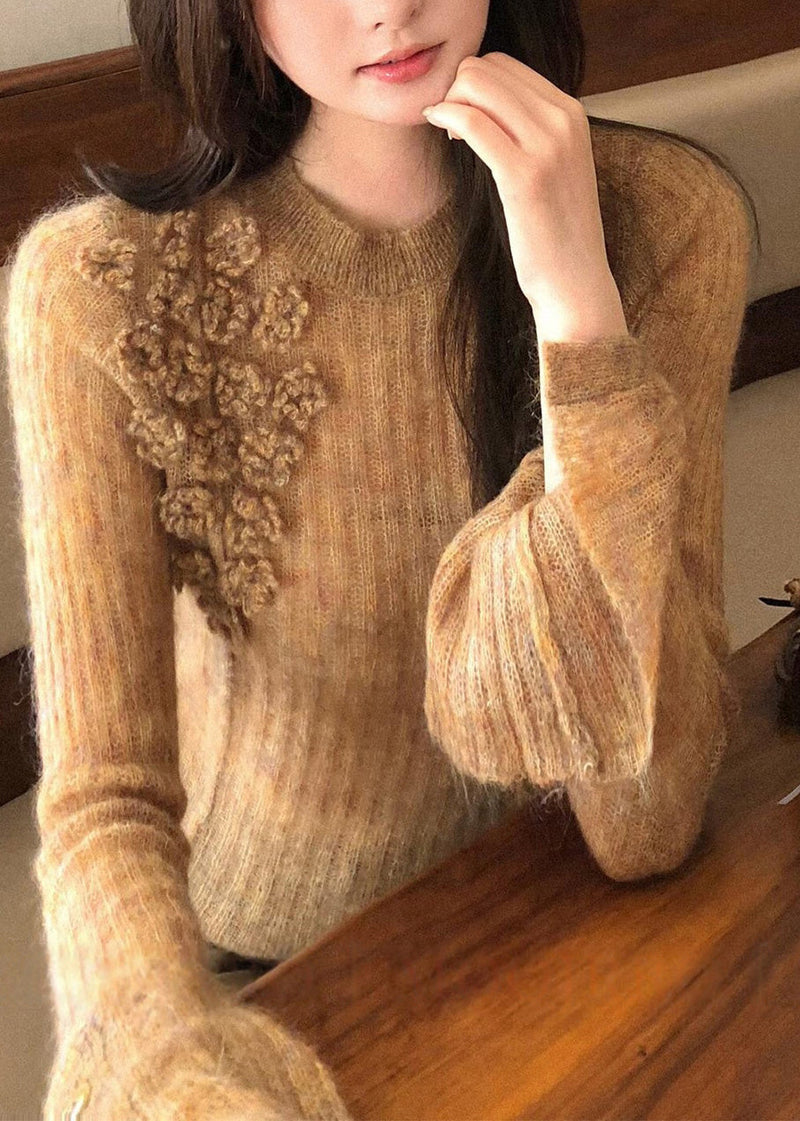 Khaki O-neck Cotton Knit Sweater Flare Sleeve