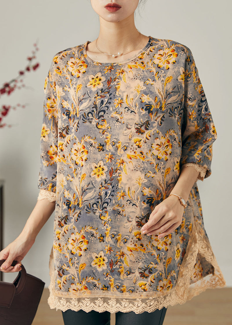 Khaki Oversized Patchwork Chiffon Shirts Spring