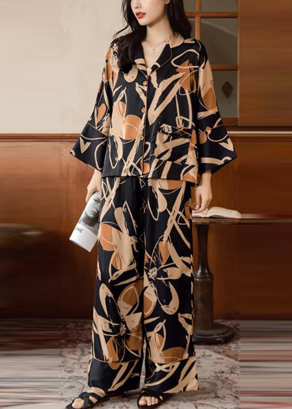 Khaki Peter Pan Collar Print Ice Silk Two Piece Set Spring