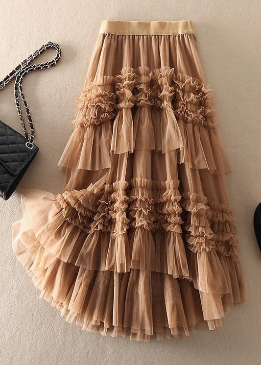 Khaki Asymmetrical Design Tulle Tiered Fall Skirt