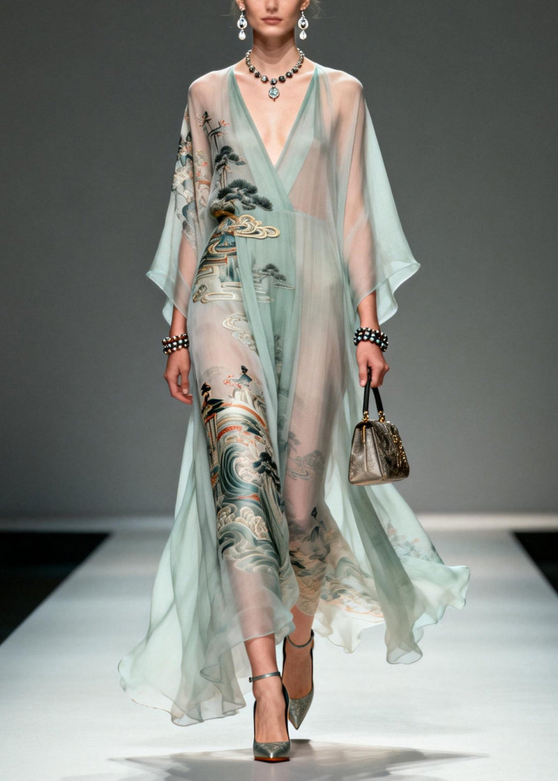 Lake Green Oversized Print Chiffon Robe Dresses Summer
