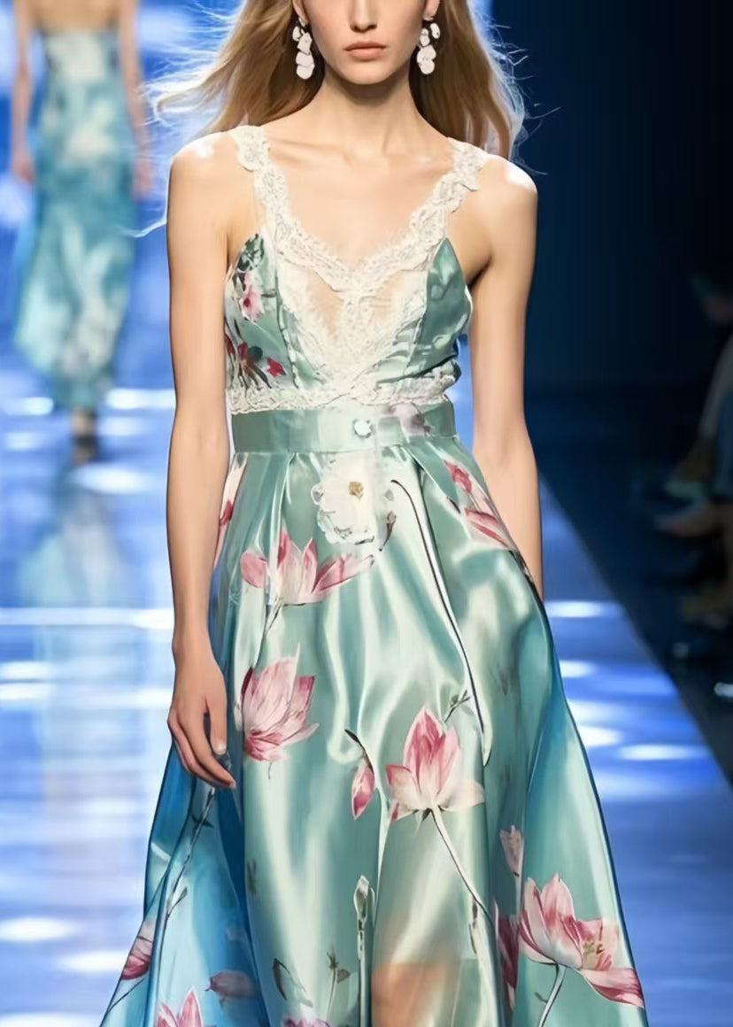 Lake Green Print Exra Large Hem Silk Party Sundress