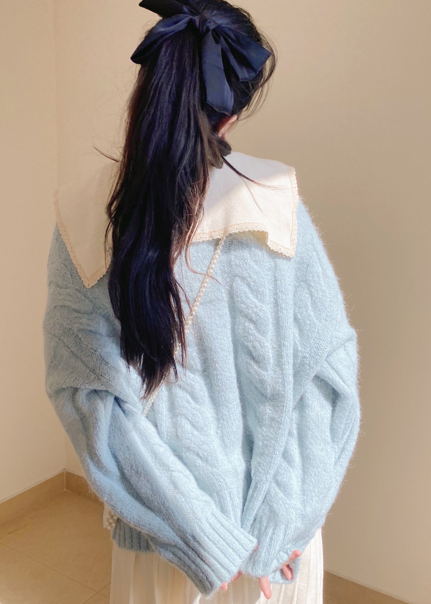 Light Blue Bow Collar Cozy Knit Sweater Tops Winter