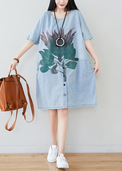 Light Blue Oversized Patchwork Print Cotton Denim Dress Summer
