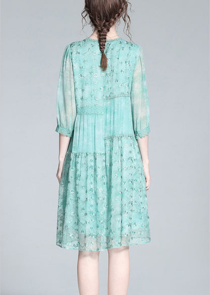 Light Green O-neck Embroideried Button Long Dresses Summer