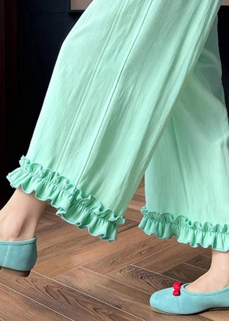 Light Green Ruffled Patchwork Wide Leg Pants Summer