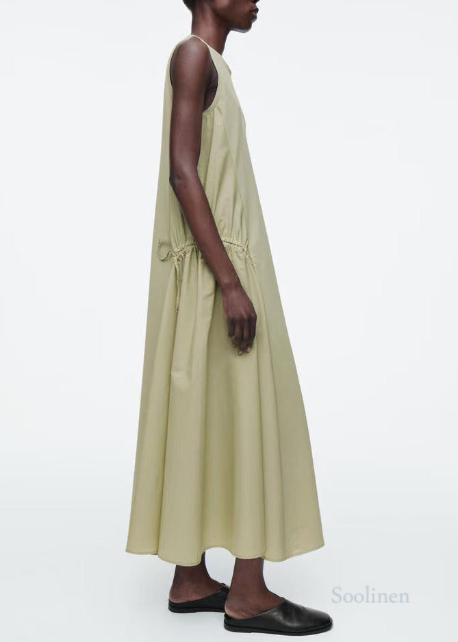 Light Green Wrinkled Drawstring Cotton Vacation Dresses Sleeveless