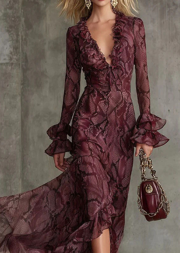 Mulberry Ruffled Print Chiffon Ankle Dress Flare Sleeve