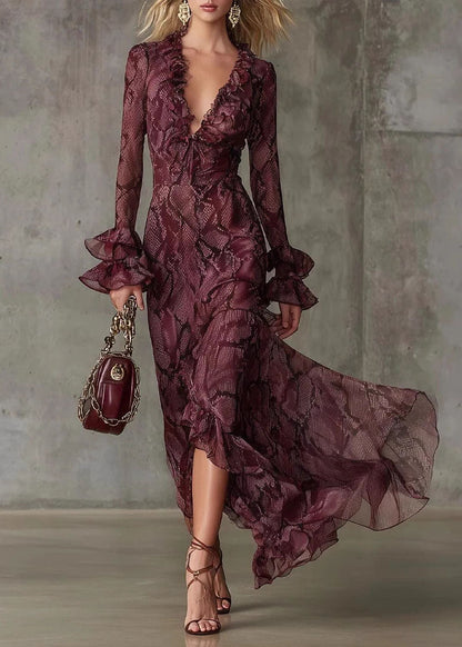Mulberry Ruffled Print Chiffon Ankle Dress Flare Sleeve