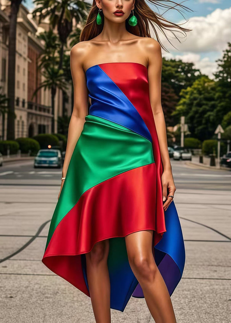 Multicolor Asymmetrical Patchwork Silk Strapless Dress Summer