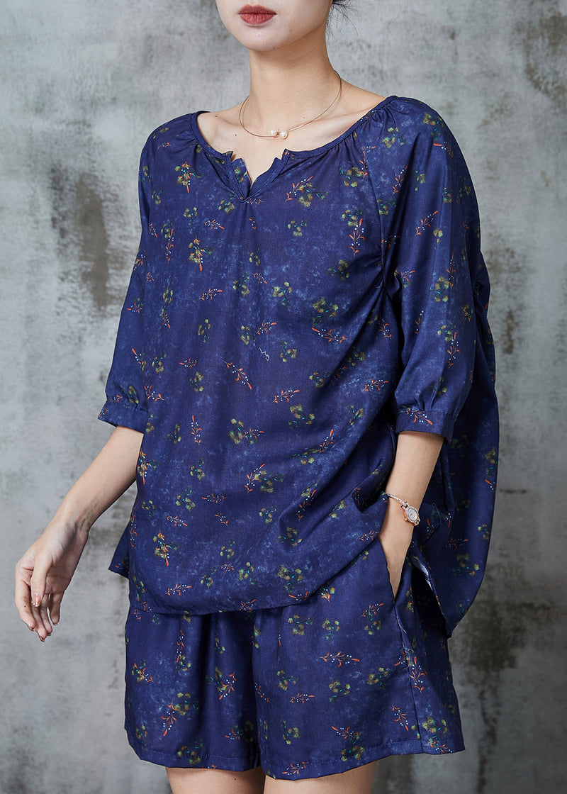 Navy Oversized Print Cotton Two Piece Set Clothing Summer