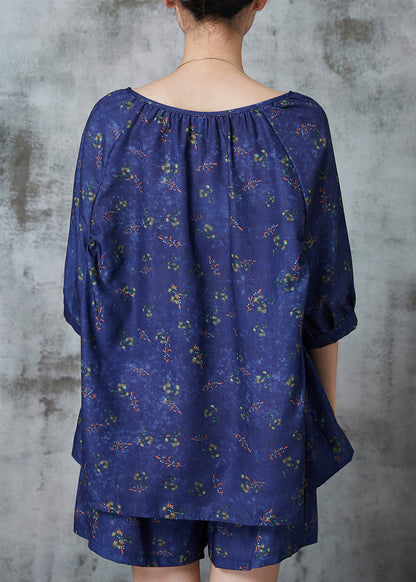 Navy Oversized Print Cotton Two Piece Set Clothing Summer