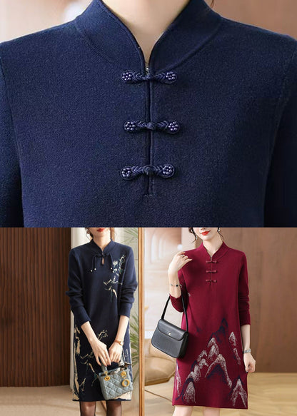 Navy Print Patchwork Cotton Knit Long Sweater Dress Long Sleeve