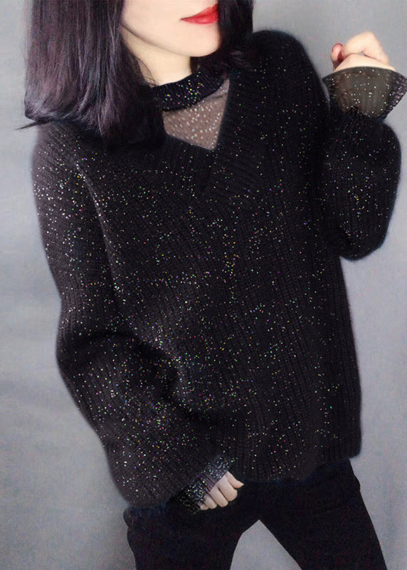 Navy Sequins Hollow Out Knit Sweaters Winter