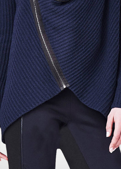 Navy Turtle Neck Asymmetrical Zippered Knit Sweater Tops Winter