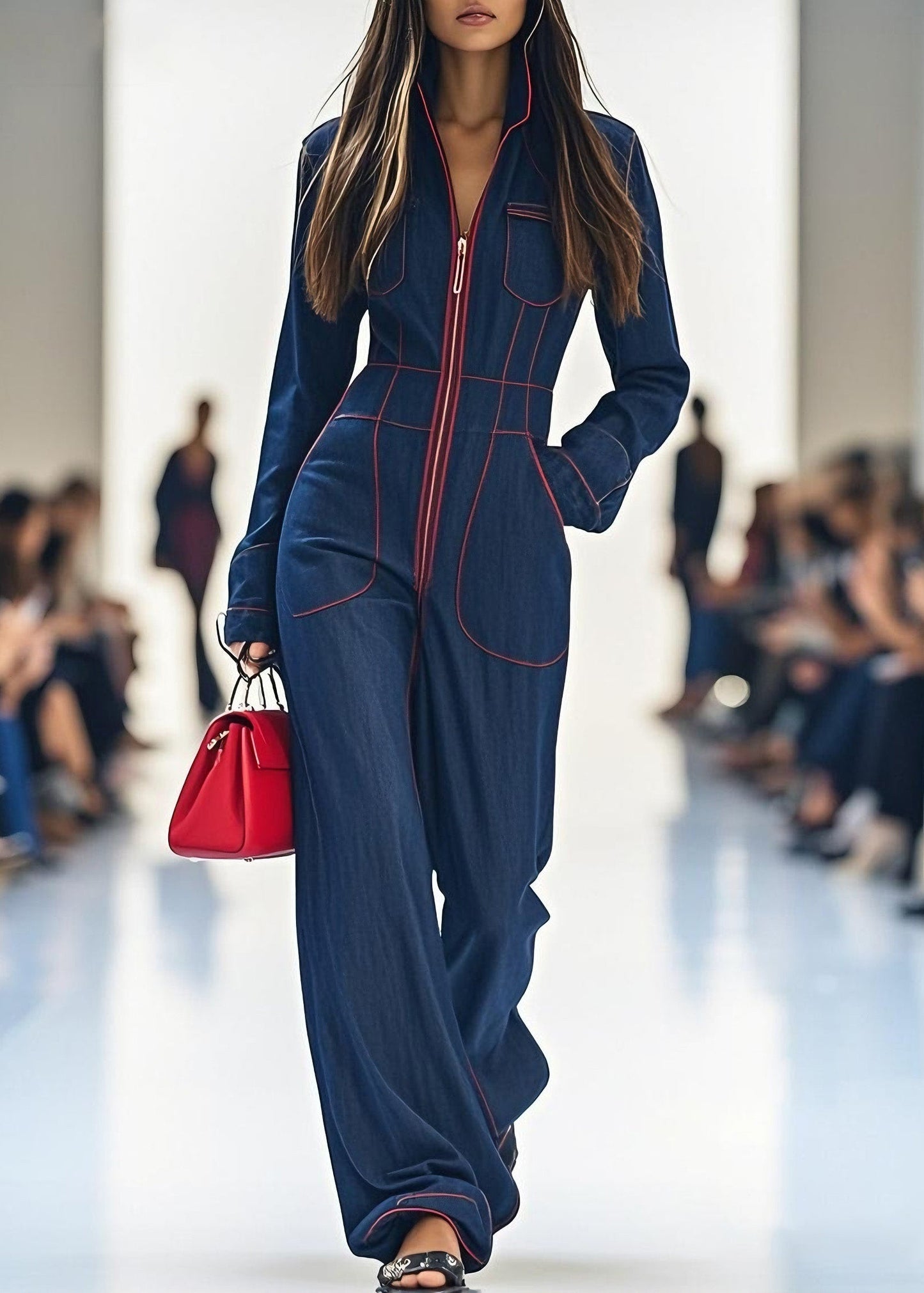 Navy Zip Up Pockets Patchwork Denim Jumpsuit Spring