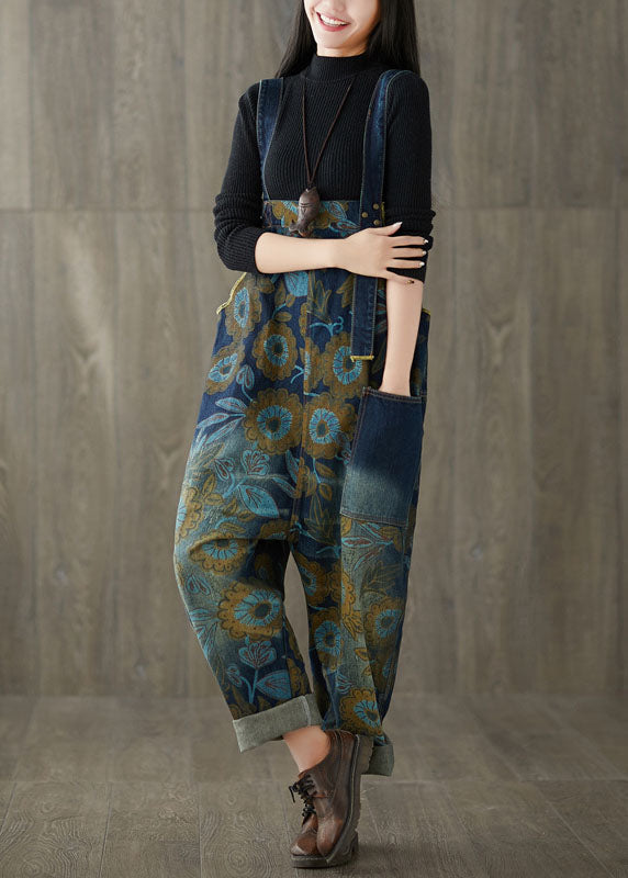 Navy Pockets Print Jeans Jumpsuit Spring