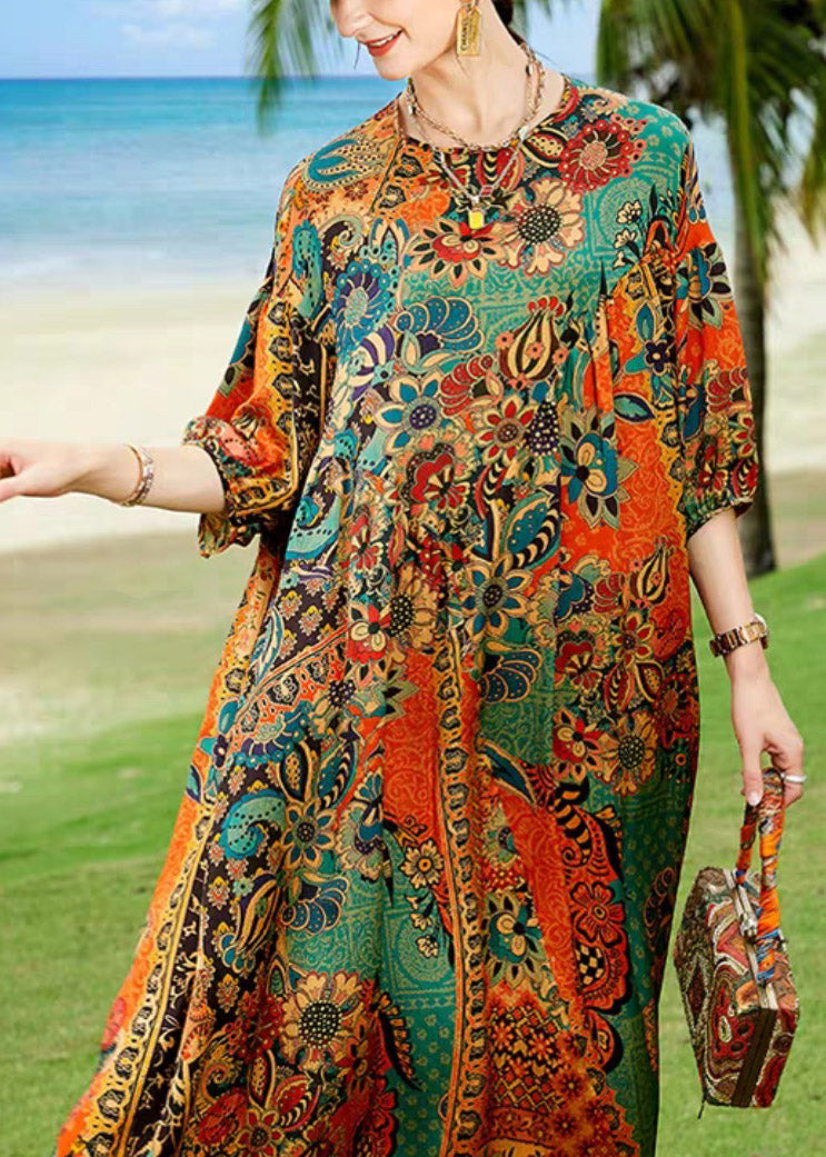 O-neck Print Silk Dress Long Sleeve