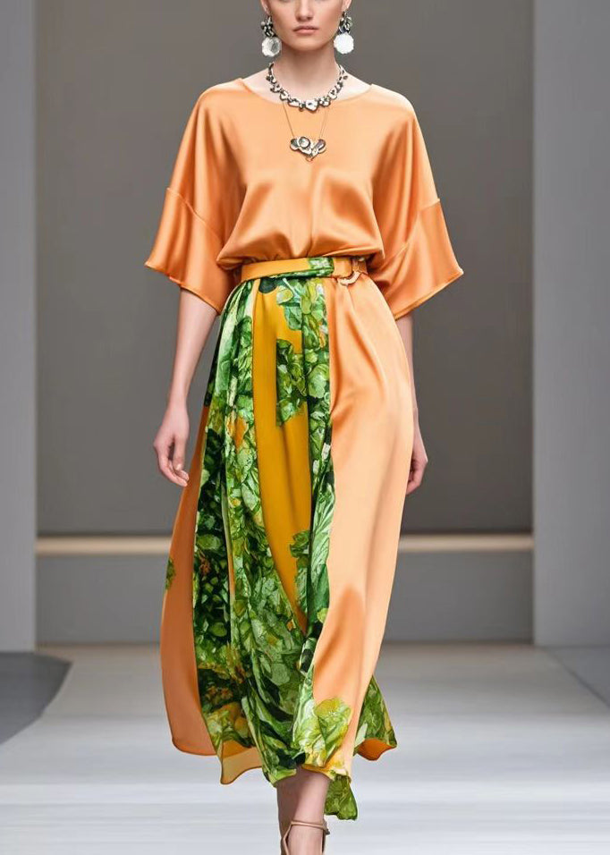 Orange Cinched Patchwork Print Silk Long Dress Summer