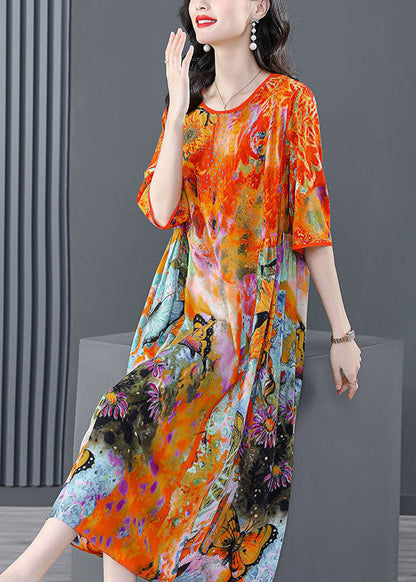 Orange O-neck Oversized Print Silk Dress Half Sleeve