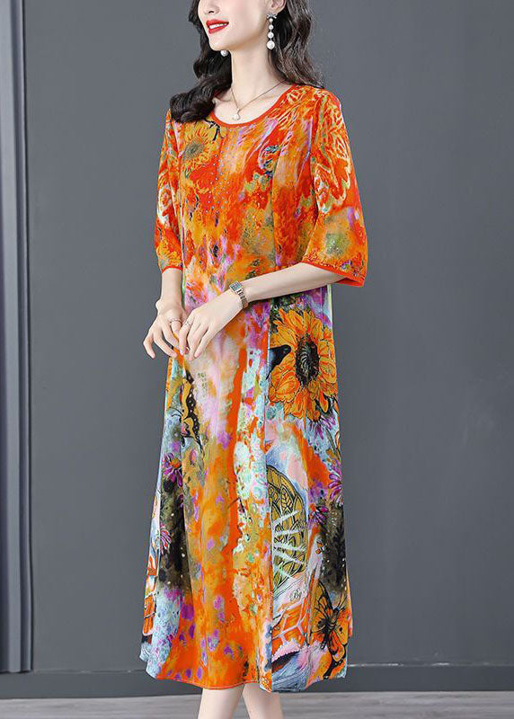 Orange O-neck Oversized Print Silk Dress Half Sleeve