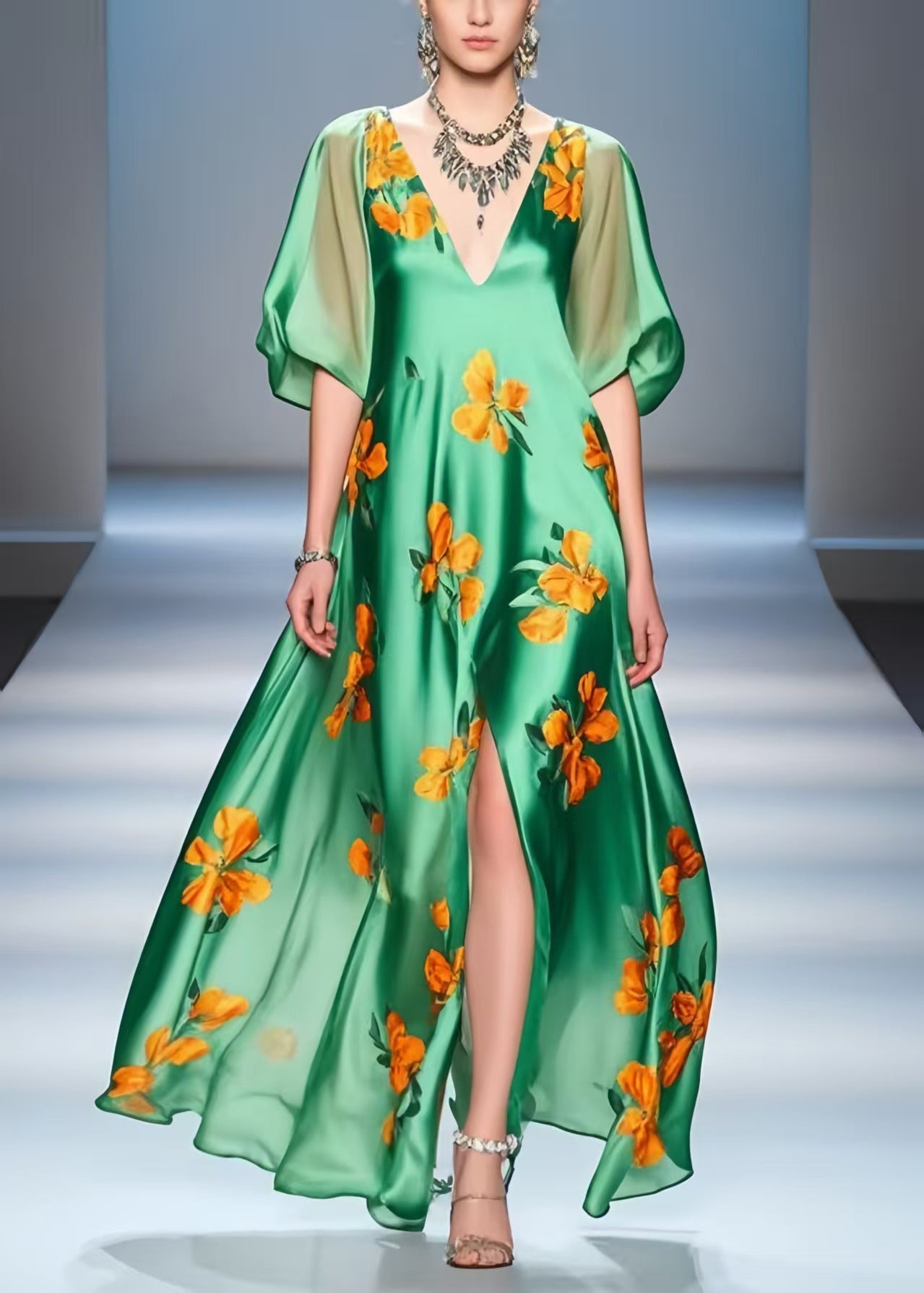 Peacock Green Print Side Open Silk a Line Dresses Summer