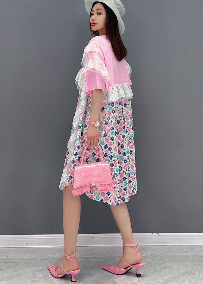 Pink Asymmetrical Print Holiday Dresses Short Sleeve