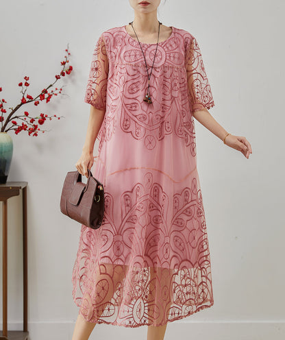 Pink Embroidered Tulle Ankle Dress Summer