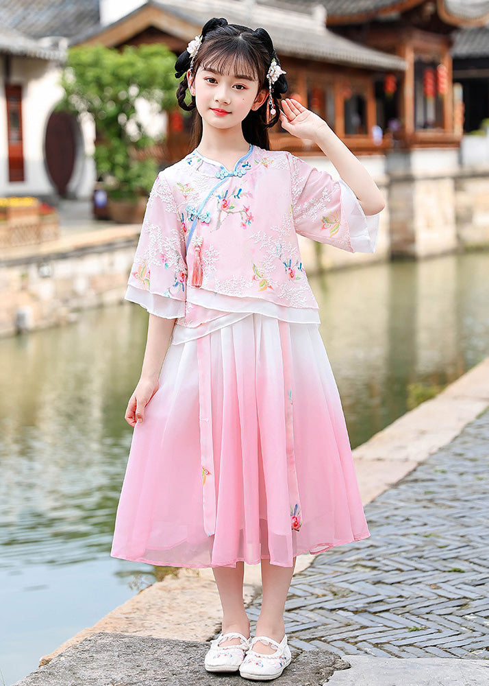 Pink Embroideried Patchwork Button Chiffon Kids Long Dresses Half Sleeve