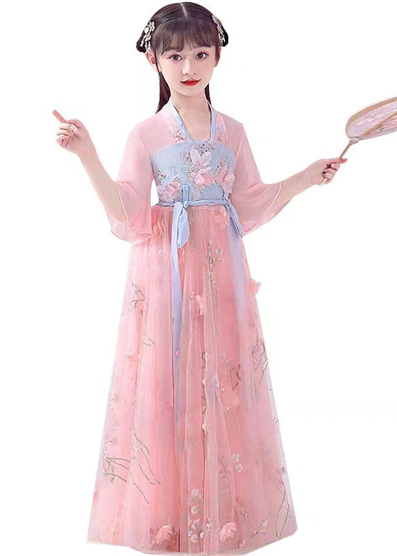 Pink Embroideried Patchwork Cotton Kids Long Dresses Summer
