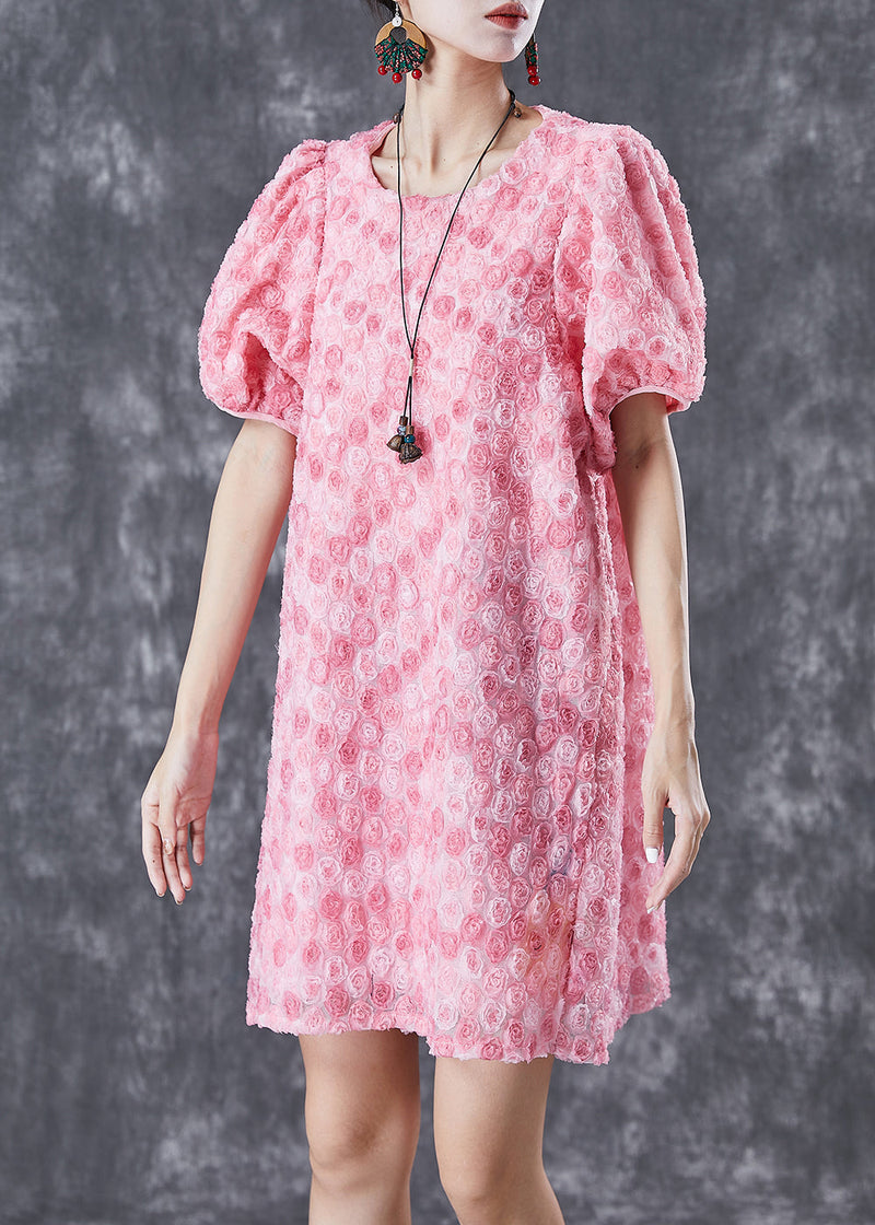 Pink Silk Mid Dresses Puff Sleeve