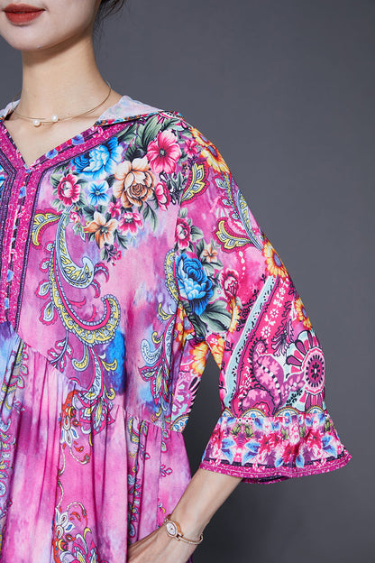 Pink Hooded Print Silk Vacation Dresses Bracelet Sleeve