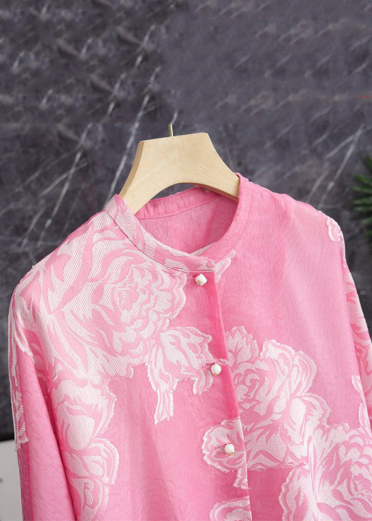 Pink O Neck Button Print Silk Shirt Long Sleeve