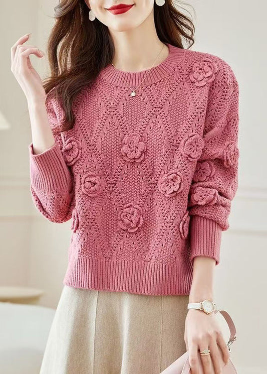 Pink O Neck Hollow Out Knit Sweater Spring