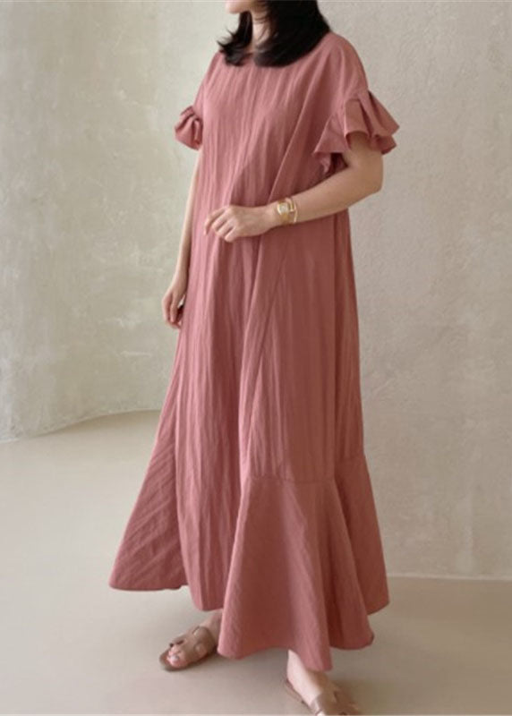 Pink O-neck Ruffled Patchwork Cotton Dresses Summer