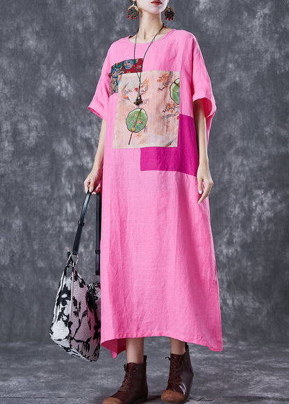 Pink Oversized Patchwork Linen Ankle Dress Batwing Sleeve