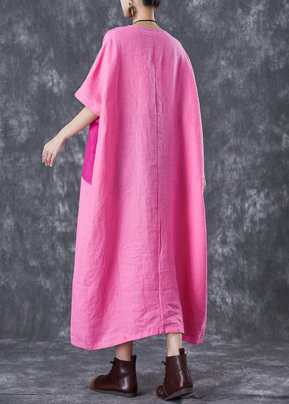 Pink Oversized Patchwork Linen Ankle Dress Batwing Sleeve