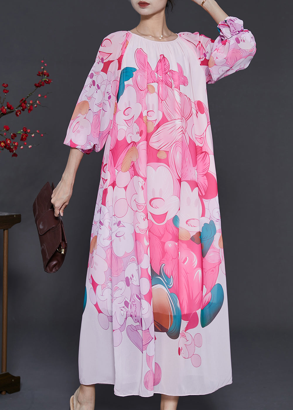 Pink Oversized Print Chiffon Long Dress Summer