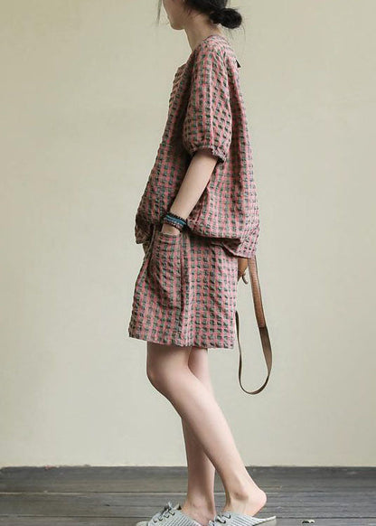 Pink Plaid Patchwork Tops and Shorts Cotton Two Piece Suit Summer