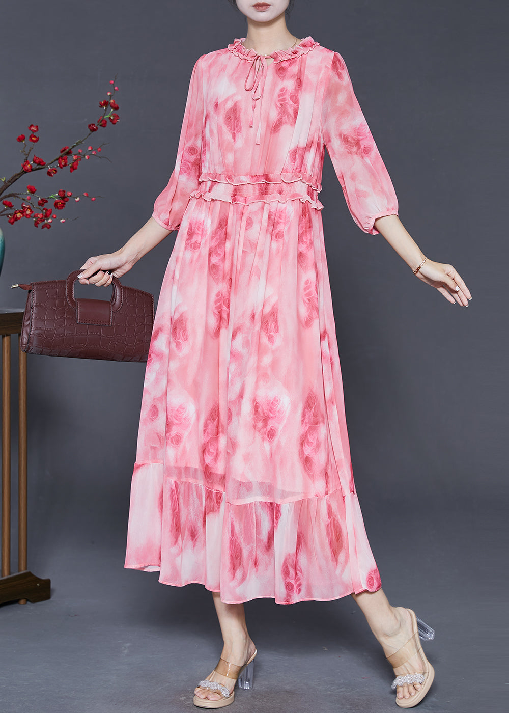 Pink Ruffled Print Chiffon Vacation Dress Summer