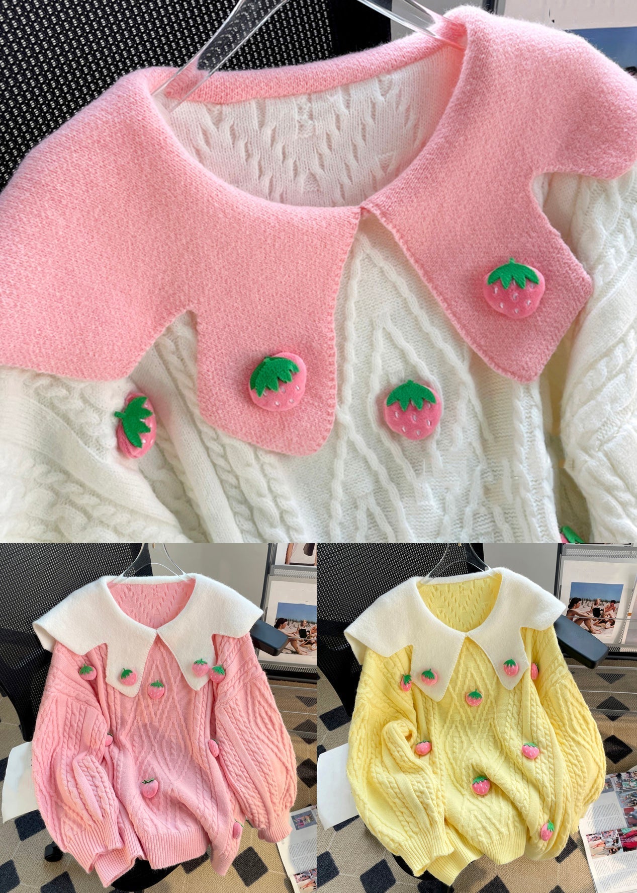 Pink Strawberry Patchwork Cozy Knit Tops Winter