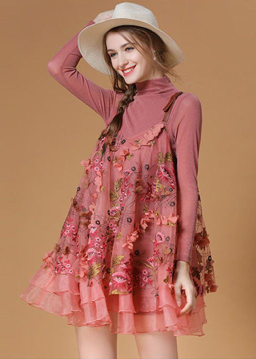 Pink Turtle Neck Embroideried Organza Two Pieces Set Spring