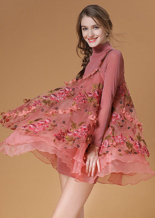Pink Turtle Neck Embroideried Organza Two Pieces Set Spring