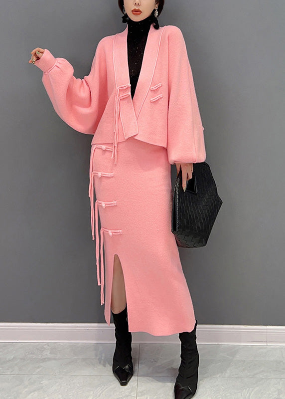 Pink V Neck Button Woolen Top and Maxi Skirts Two Pieces Set Winter