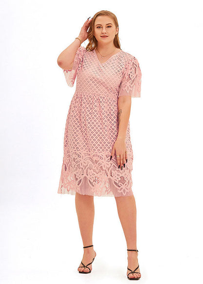 Pink V Neck Hollow Out Patchwork Lace Mid Dress Short Sleeve